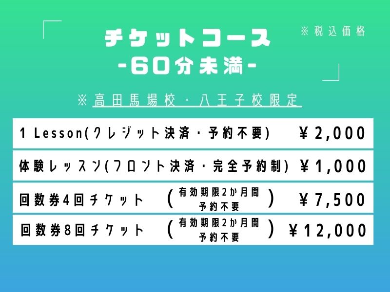 チケットコース60分未満料金表