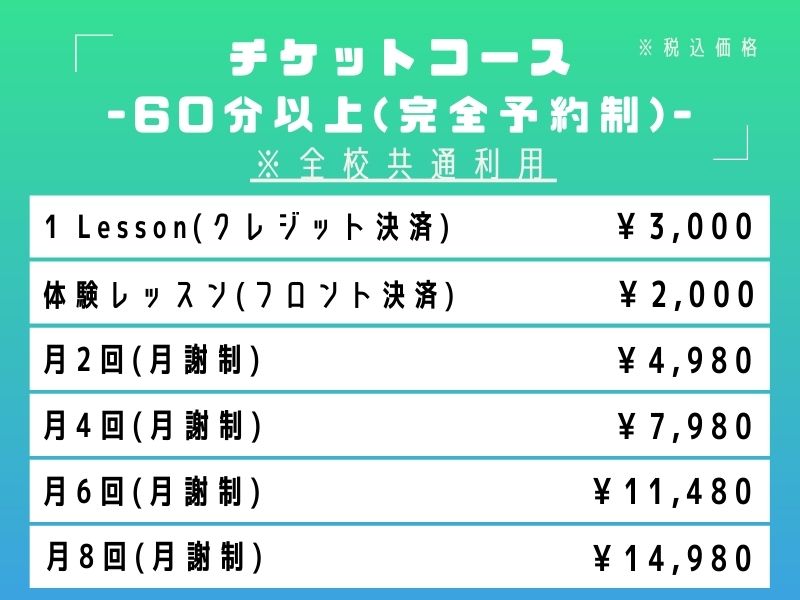 チケットコース60分以上料金表