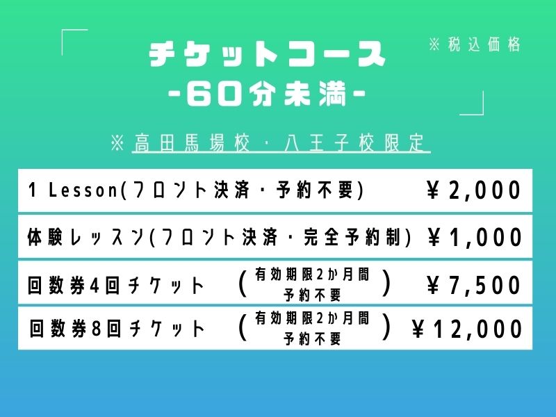 チケットコース60分未満料金表