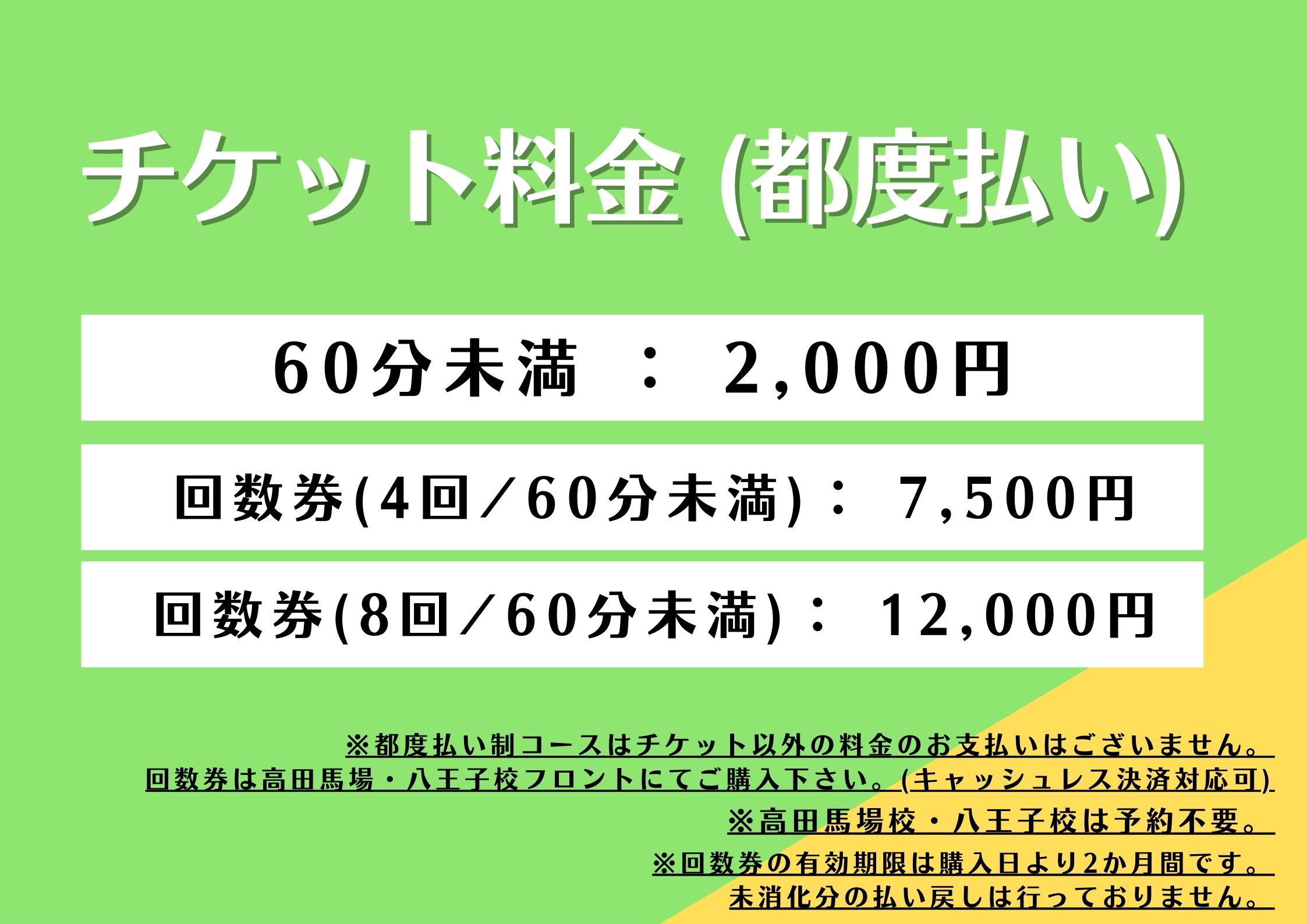 ダンススクール,ダンススタジオのチケット料金表(都度払い60分未満)